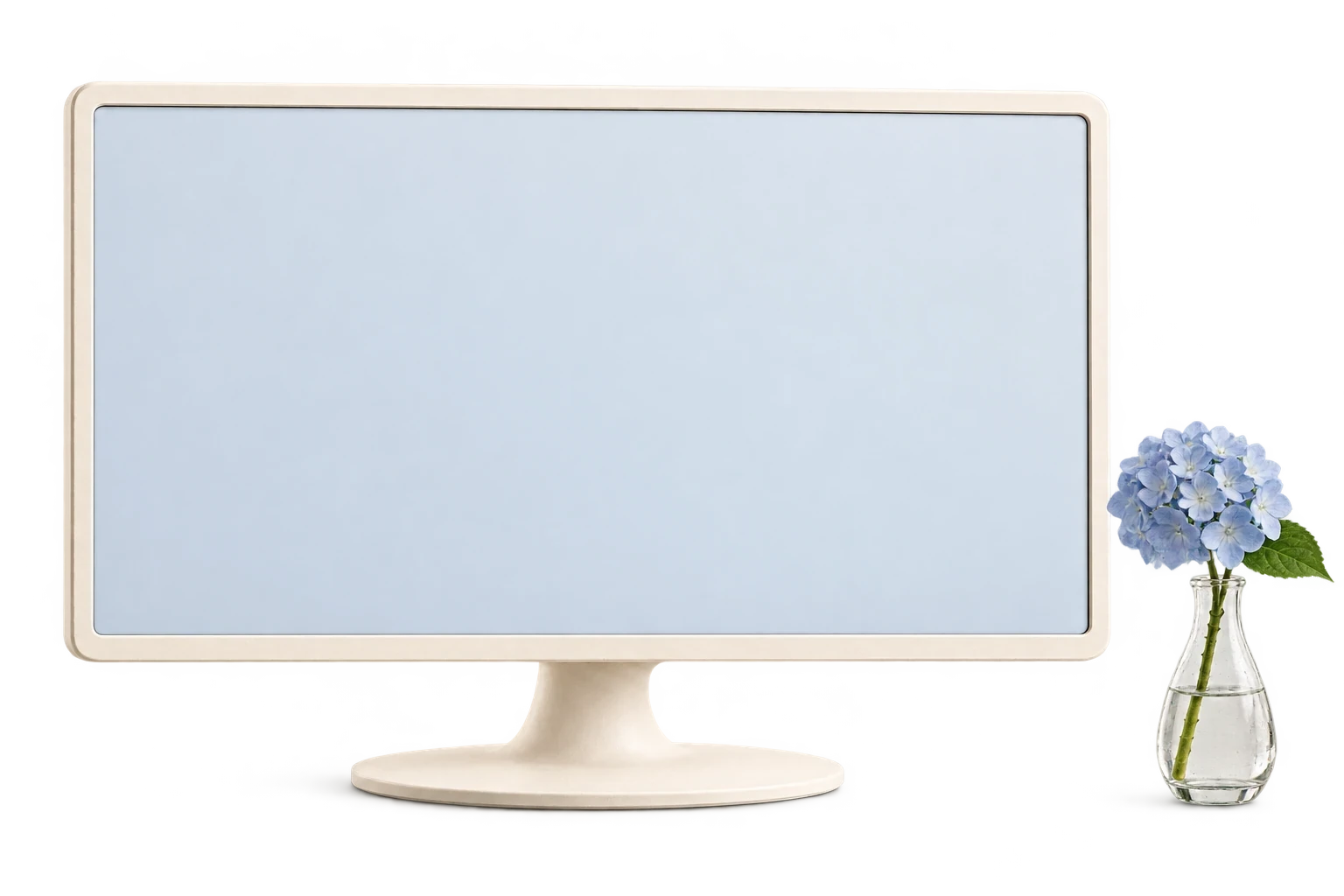 An ivory desktop monitor beside a vase of blue hydrangea, showing a sample Event Intelligence recap
