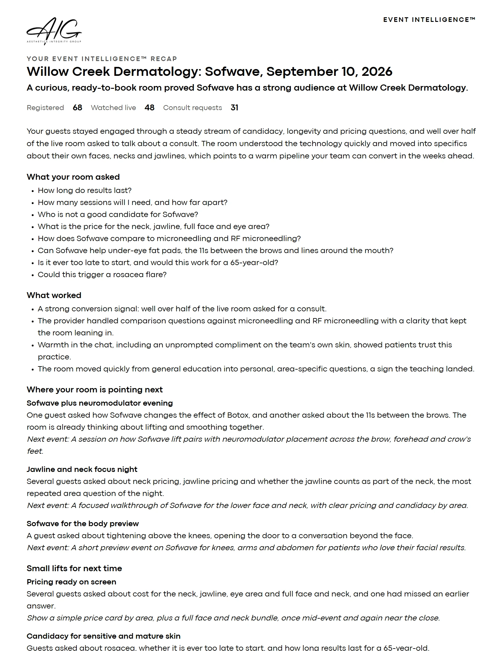 Sample report page 1: event results, patient questions and what worked