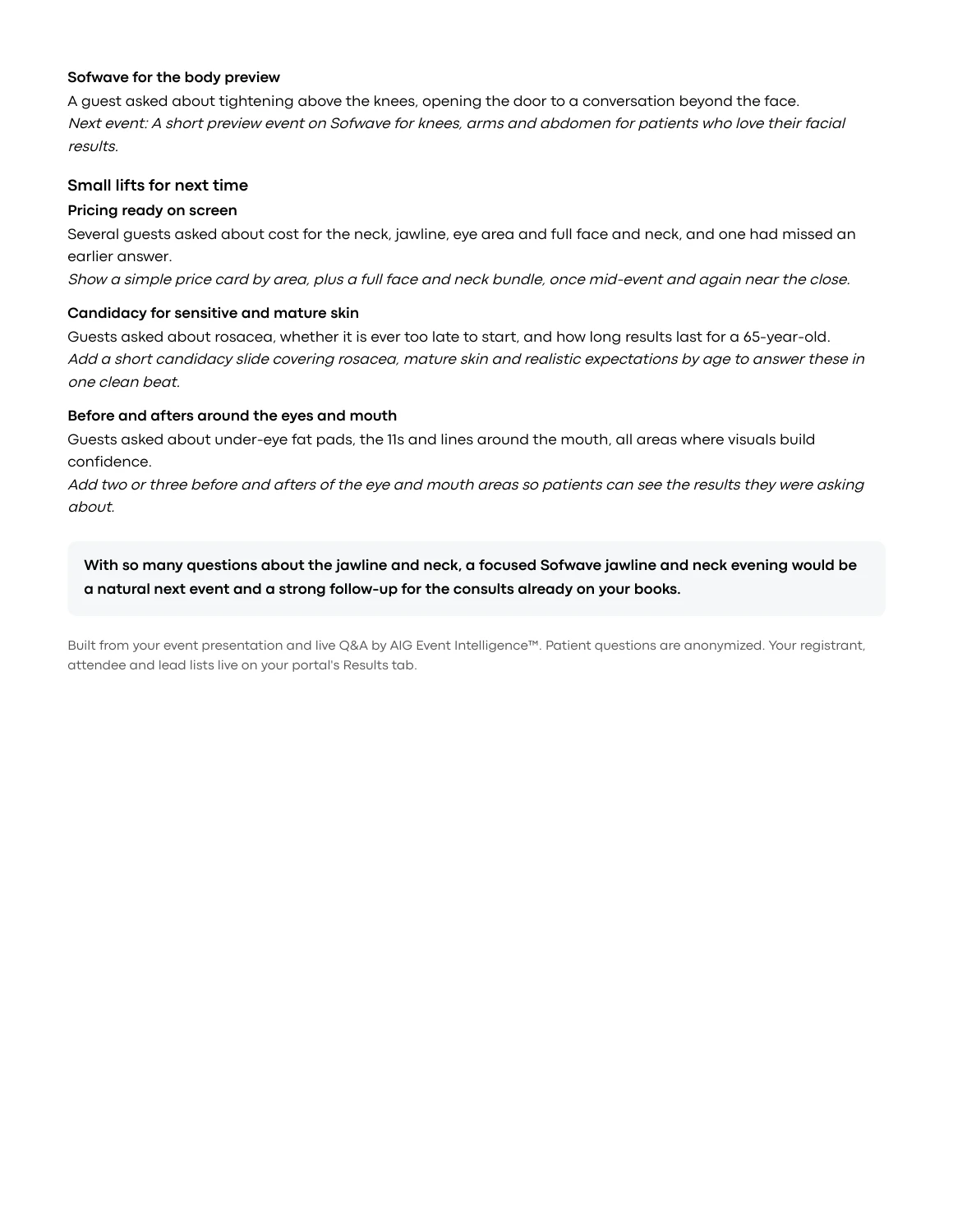 Sample report page 2: practical improvements and next-event recommendations