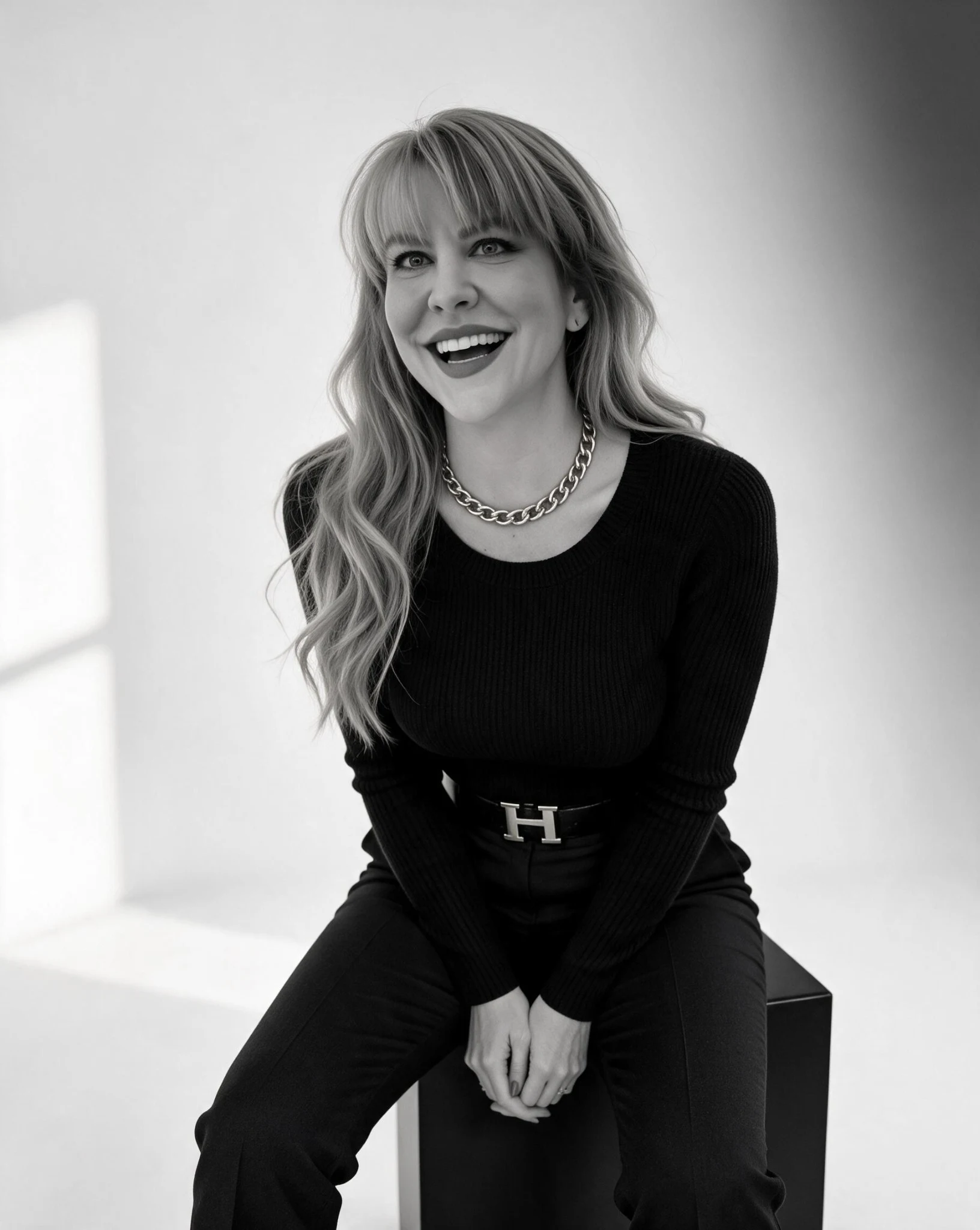 Summer Branam smiling while seated in a monochrome studio portrait