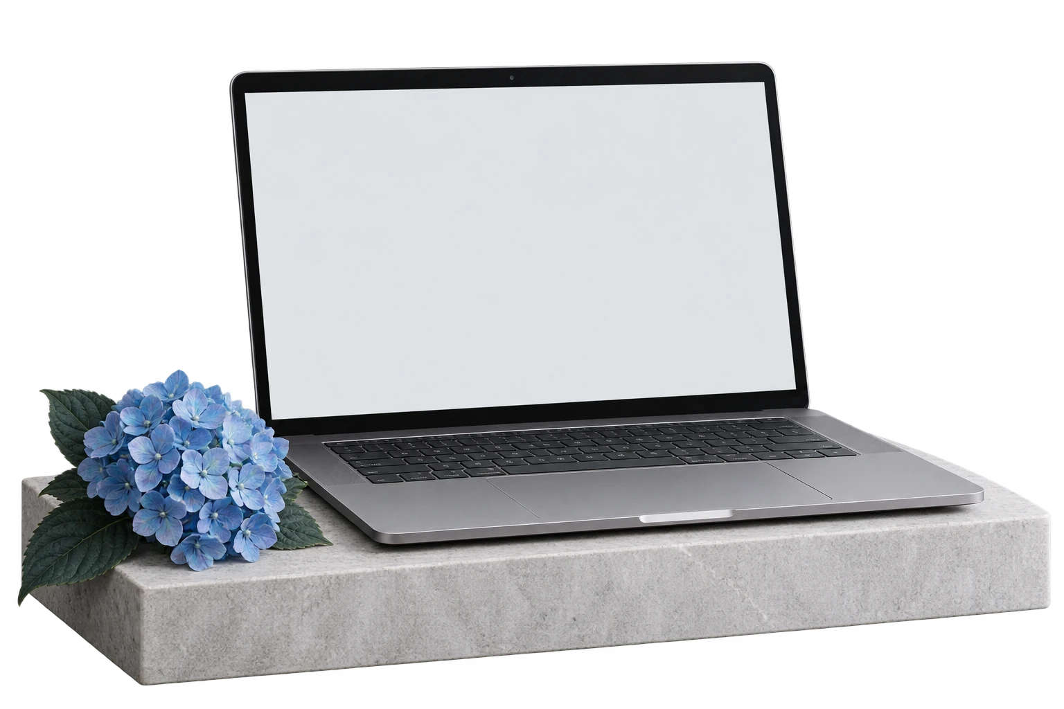 A laptop on a stone slab beside blue hydrangeas, showing Willow Creek's customized registration page