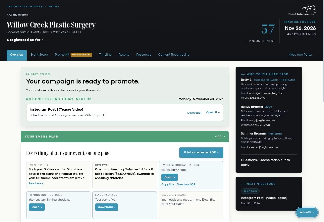 Willow Creek’s event portal with campaign next steps and event plan